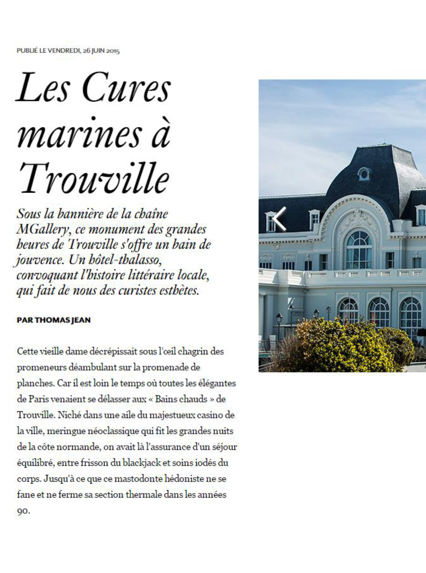 article on the marine cures of trouville in AD magazine, 5 star luxury hotel thalasso and spa designed by the interior design studio jean-philippe nuel