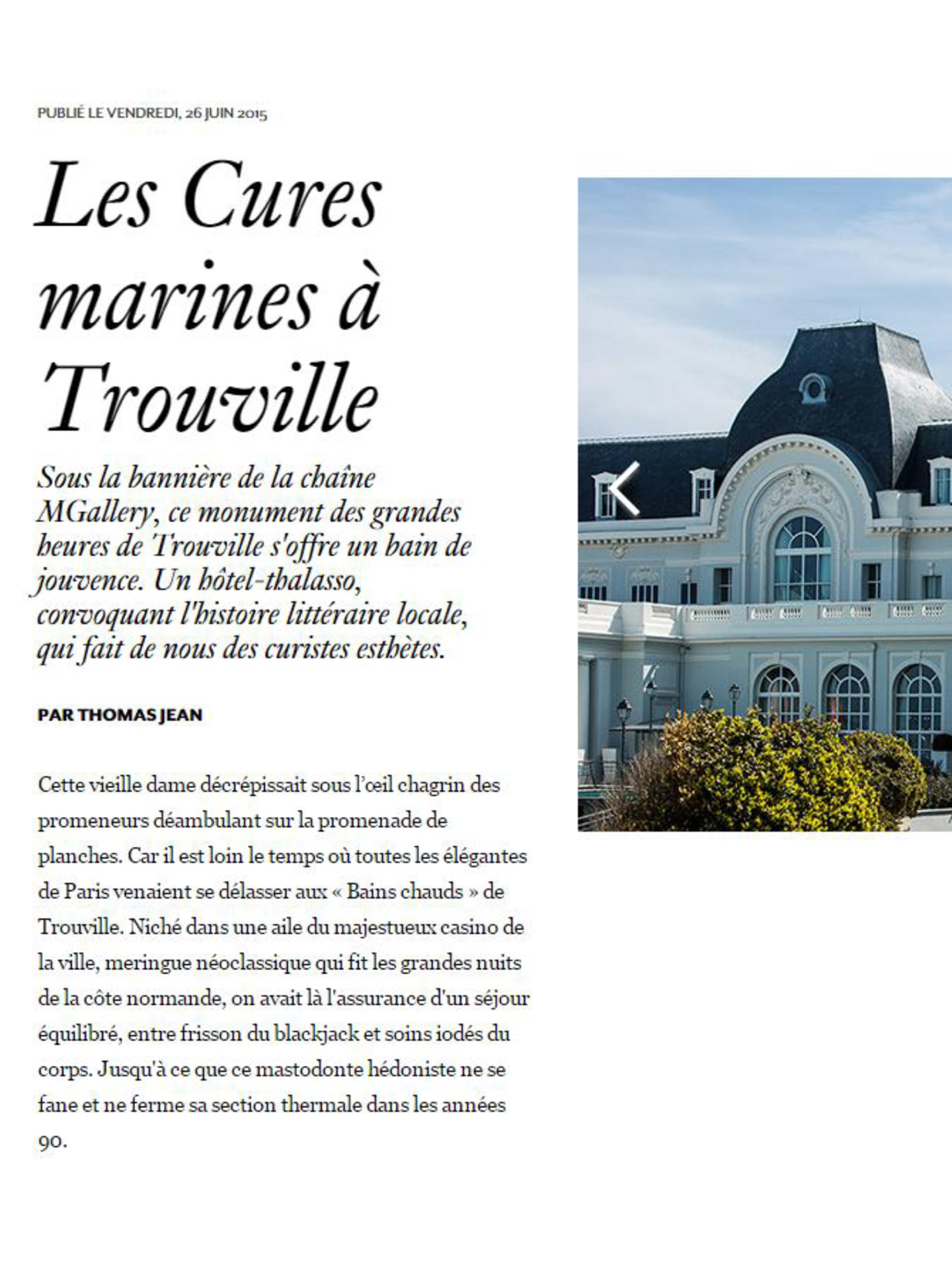 article sur les cures marines de trouville dans le magazine AD, hotel de luxe 5 étoiles thalasso et spa réalisé par le studio d'architecture d'intérieur jean-philippe nuel