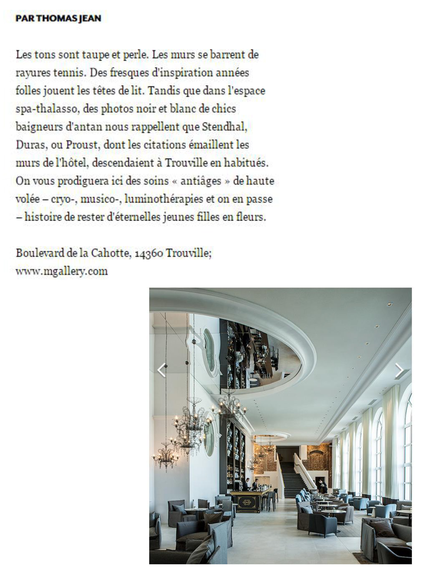 article on the marine cures of trouville in AD magazine, 5 star luxury hotel thalasso and spa designed by the interior design studio jean-philippe nuel