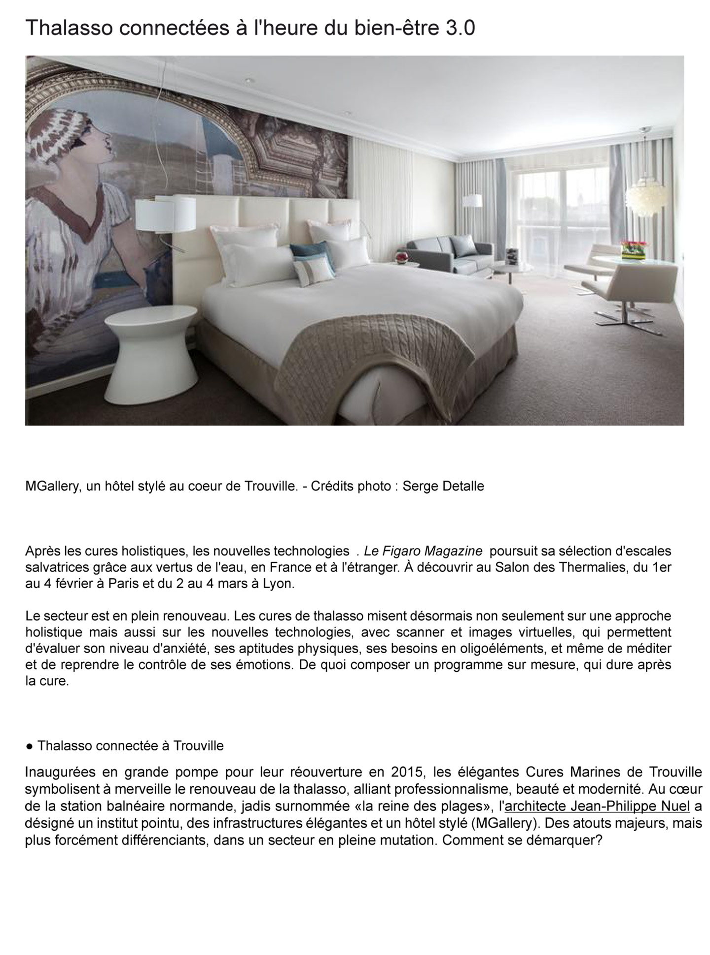 Article sur les cures marines de Trouville réalisées par le studio jean-Philippe Nuel dans le magazine Le Figaro, nouvel hotel spa thalasso de luxe, architecture d'intérieur de luxe