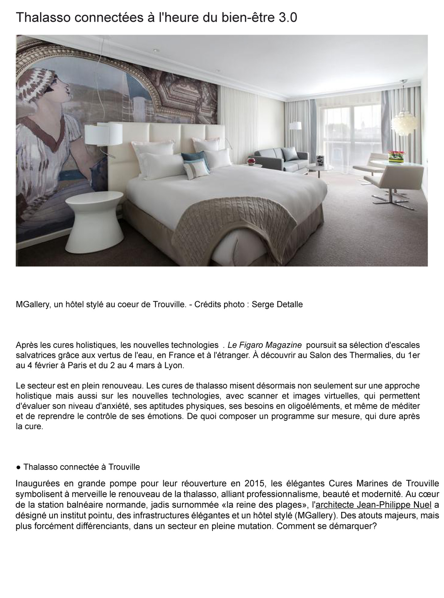 Article on the Trouville marine cures realized by the jean-Philippe Nuel studio in the magazine Le Figaro, new luxury spa hotel, luxury interior design