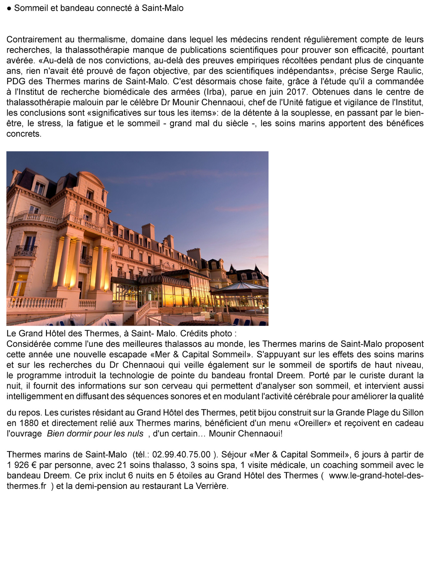 Article sur les cures marines de Trouville réalisées par le studio jean-Philippe Nuel dans le magazine Le Figaro, nouvel hotel spa thalasso de luxe, architecture d'intérieur de luxe