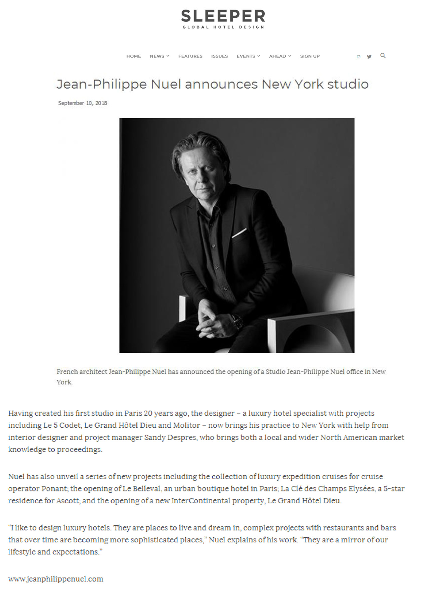 article on the interior design agency Jean-Philippe Nuel for the opening of his studio in New York, in sleeper magazine