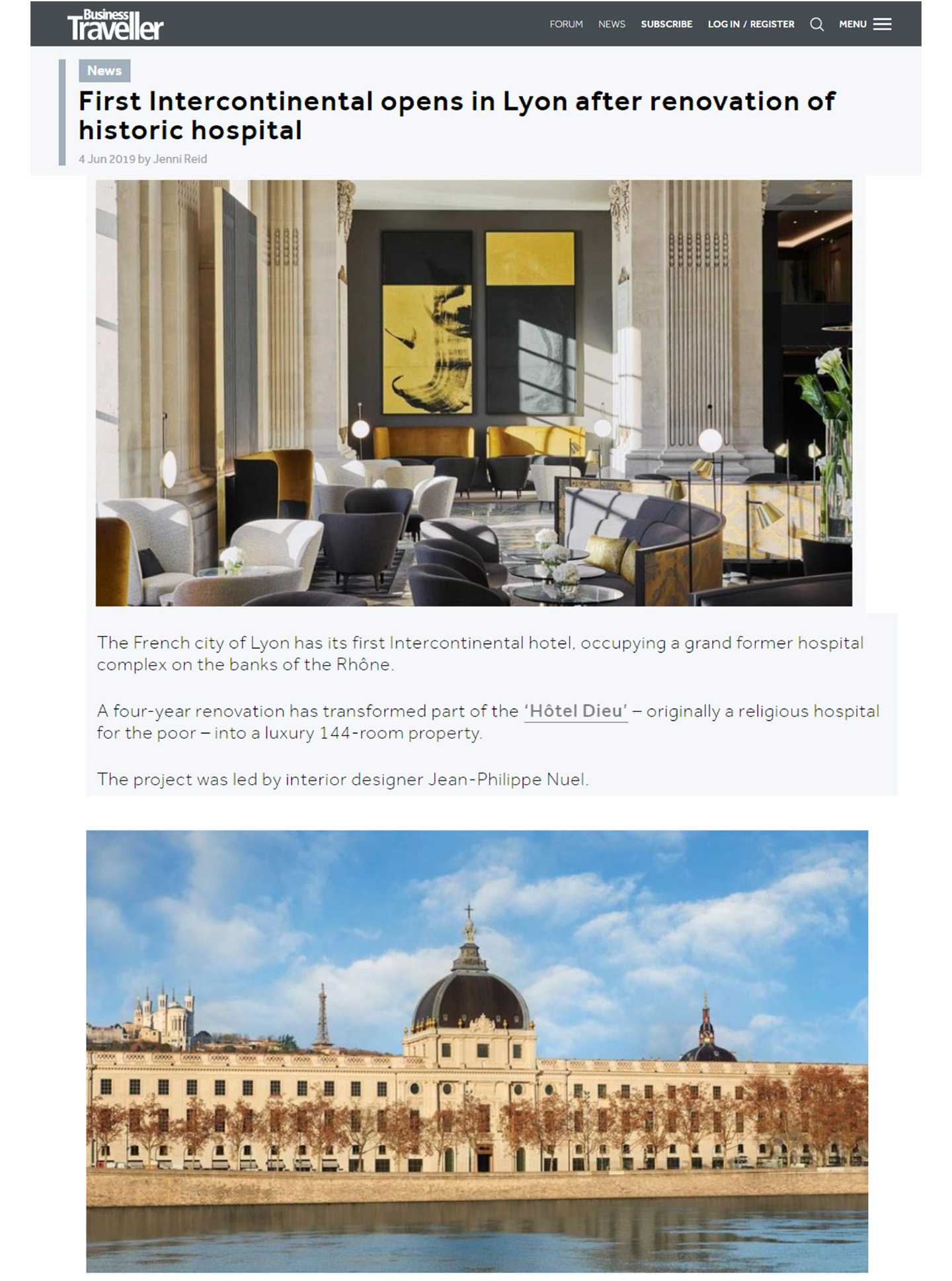 Article sur l'InterContinental Lyon - Hôtel Dieu réalisé par le studio jean-Philippe Nuel dans le magazine business traveller, nouvel hotel lifestyle, architecture d'intérieur de luxe