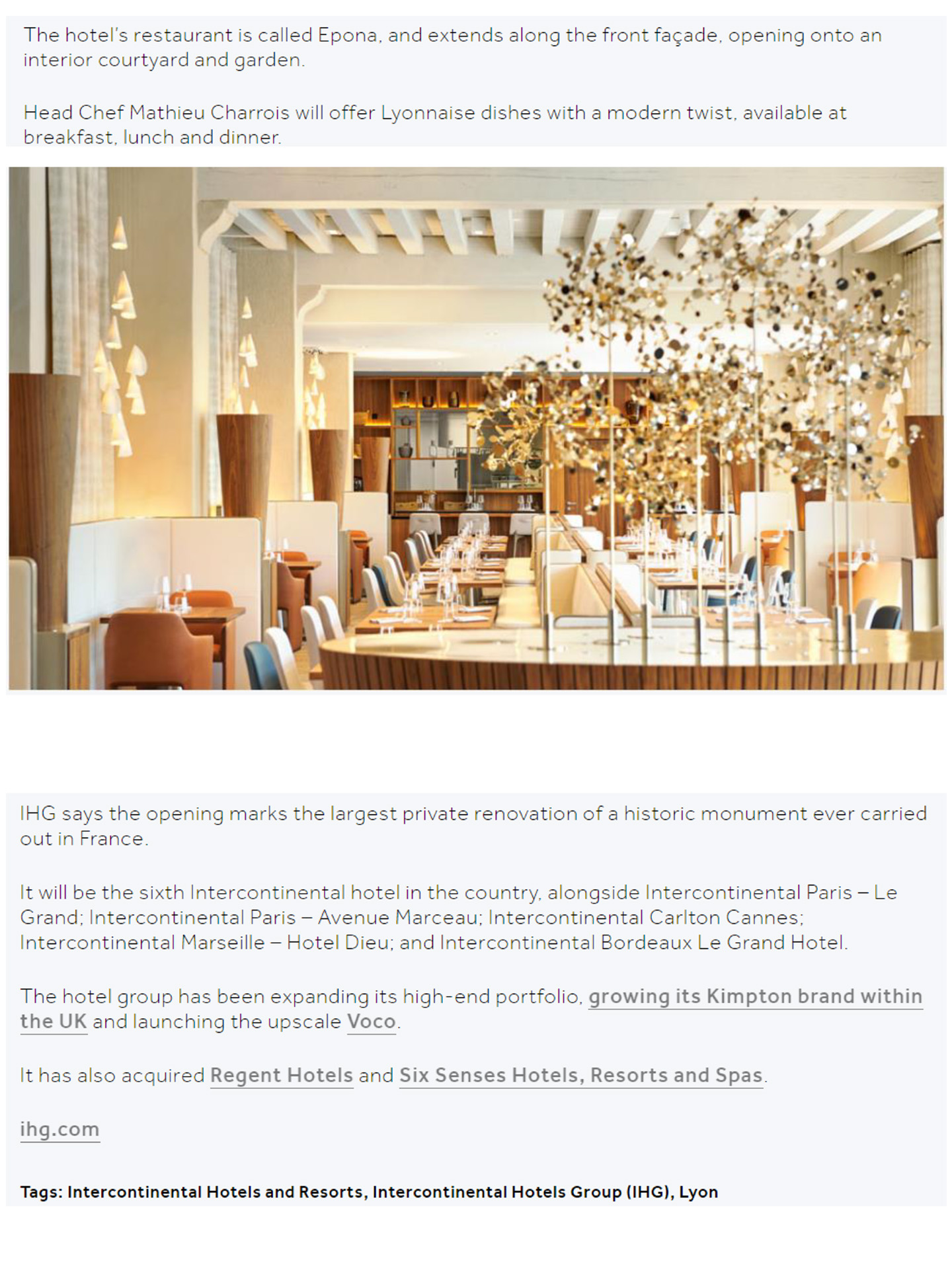 Article sur l'InterContinental Lyon - Hôtel Dieu réalisé par le studio jean-Philippe Nuel dans le magazine business traveller, nouvel hotel lifestyle, architecture d'intérieur de luxe