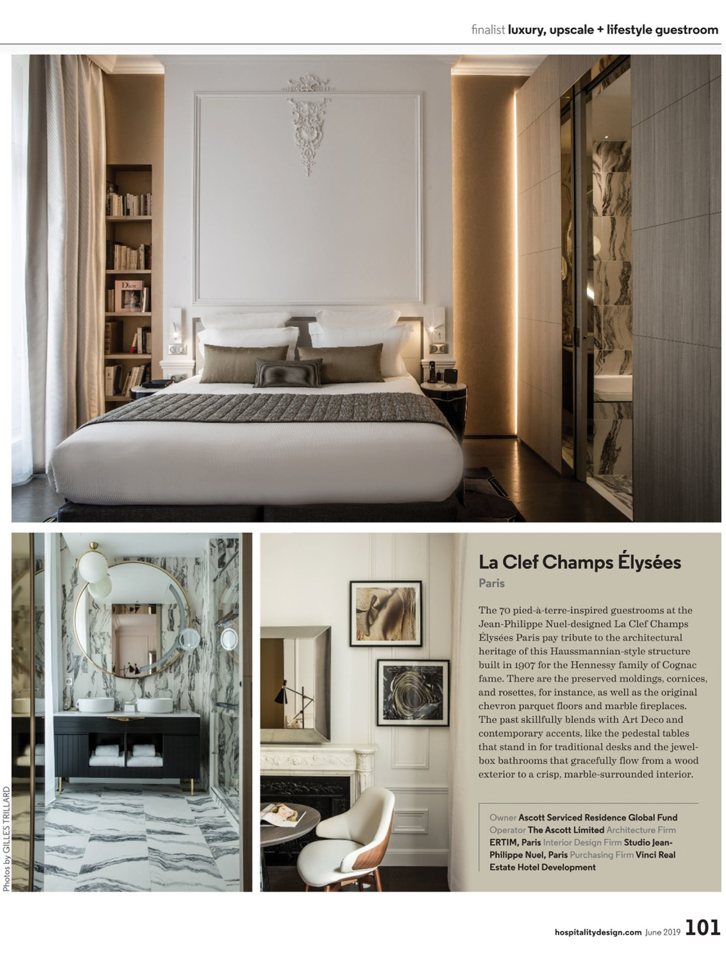 Article sur la clef champs elysées paris réalisé par le studio jean-Philippe Nuel dans le magazine hospitaity design, nouvel hotel lifestyle, architecture d'intérieur de luxe, paris centre, hotel de luxe français