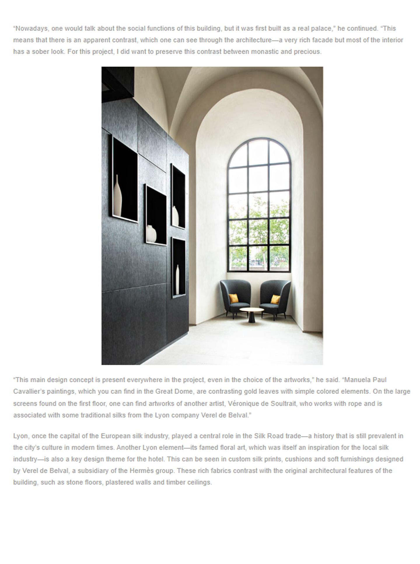 Article on the InterContinental Lyon Hotel Dieu realized by the studio jean-Philippe Nuel in the magazine Inspire design, new luxury hotel, luxury interior design, historical heritage