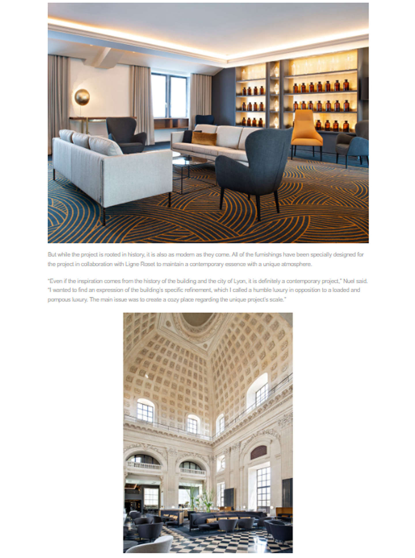 Article on the InterContinental Lyon Hotel Dieu realized by the studio jean-Philippe Nuel in the magazine Inspire design, new luxury hotel, luxury interior design, historical heritage