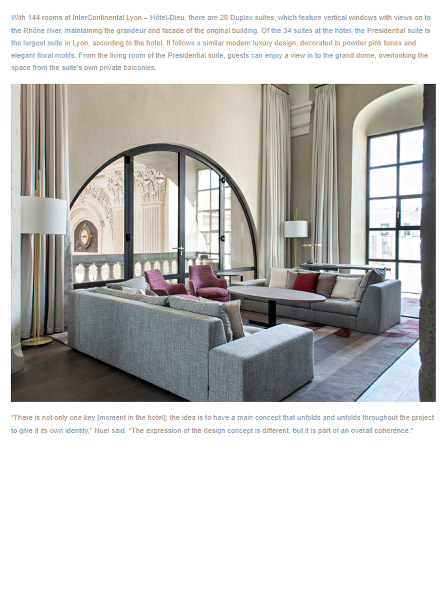 Article on the InterContinental Lyon Hotel Dieu realized by the studio jean-Philippe Nuel in the magazine Inspire design, new luxury hotel, luxury interior design, historical heritage