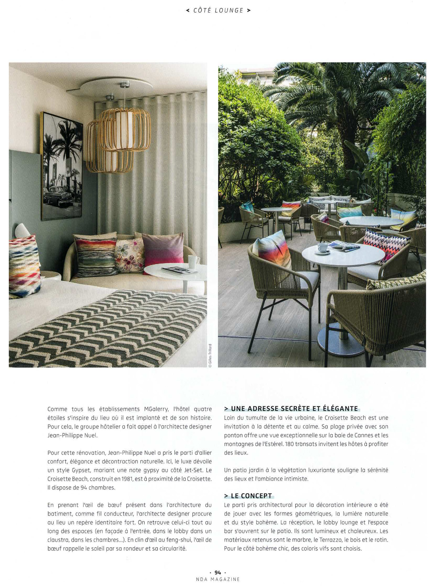 Article sur le croisette beach cannes réalisé par le studio jean-Philippe Nuel dans le magazine nda, nouvel hotel lifestyle, architecture d'intérieur de luxe, cannes, french riviera