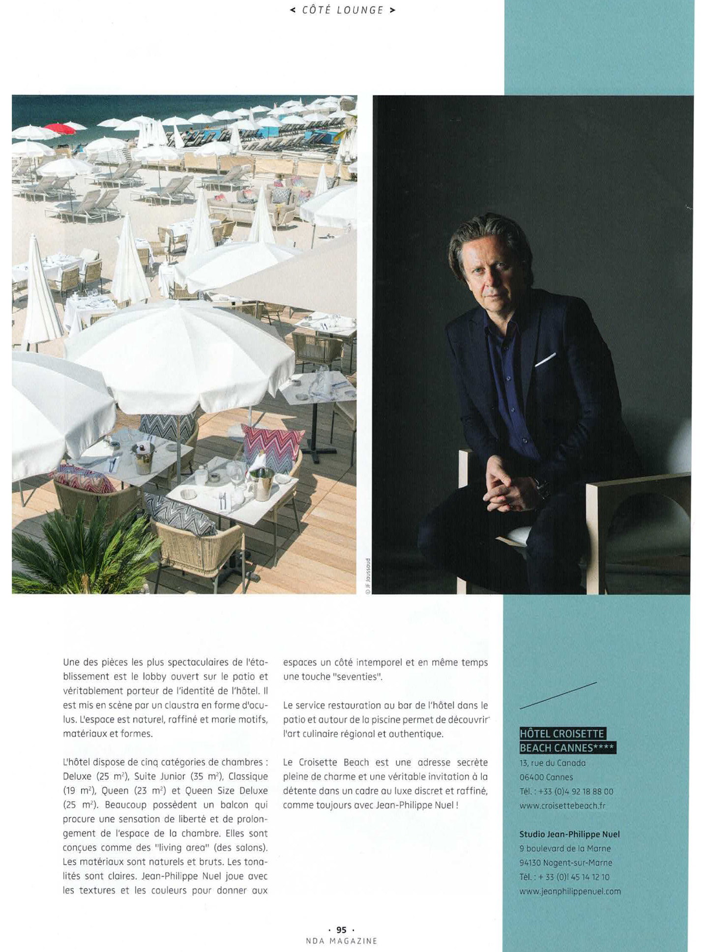 Article sur le croisette beach cannes réalisé par le studio jean-Philippe Nuel dans le magazine nda, nouvel hotel lifestyle, architecture d'intérieur de luxe, cannes, french riviera