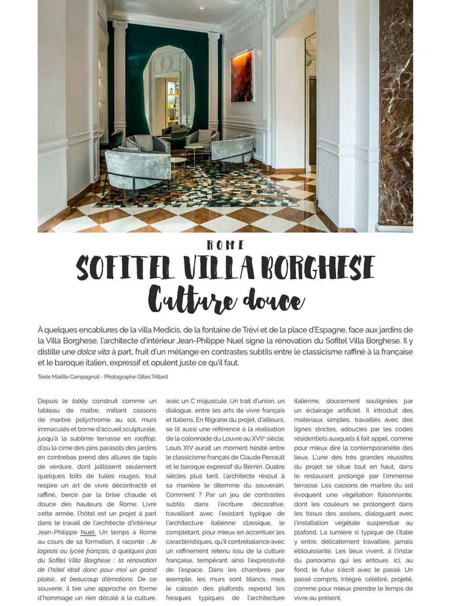 Article on the Sofitel Rome Villa Borghese realized by the studio jean-Philippe Nuel in the magazine domodéco, new lifestyle hotel, luxury interior design, luxury hotel in Italy