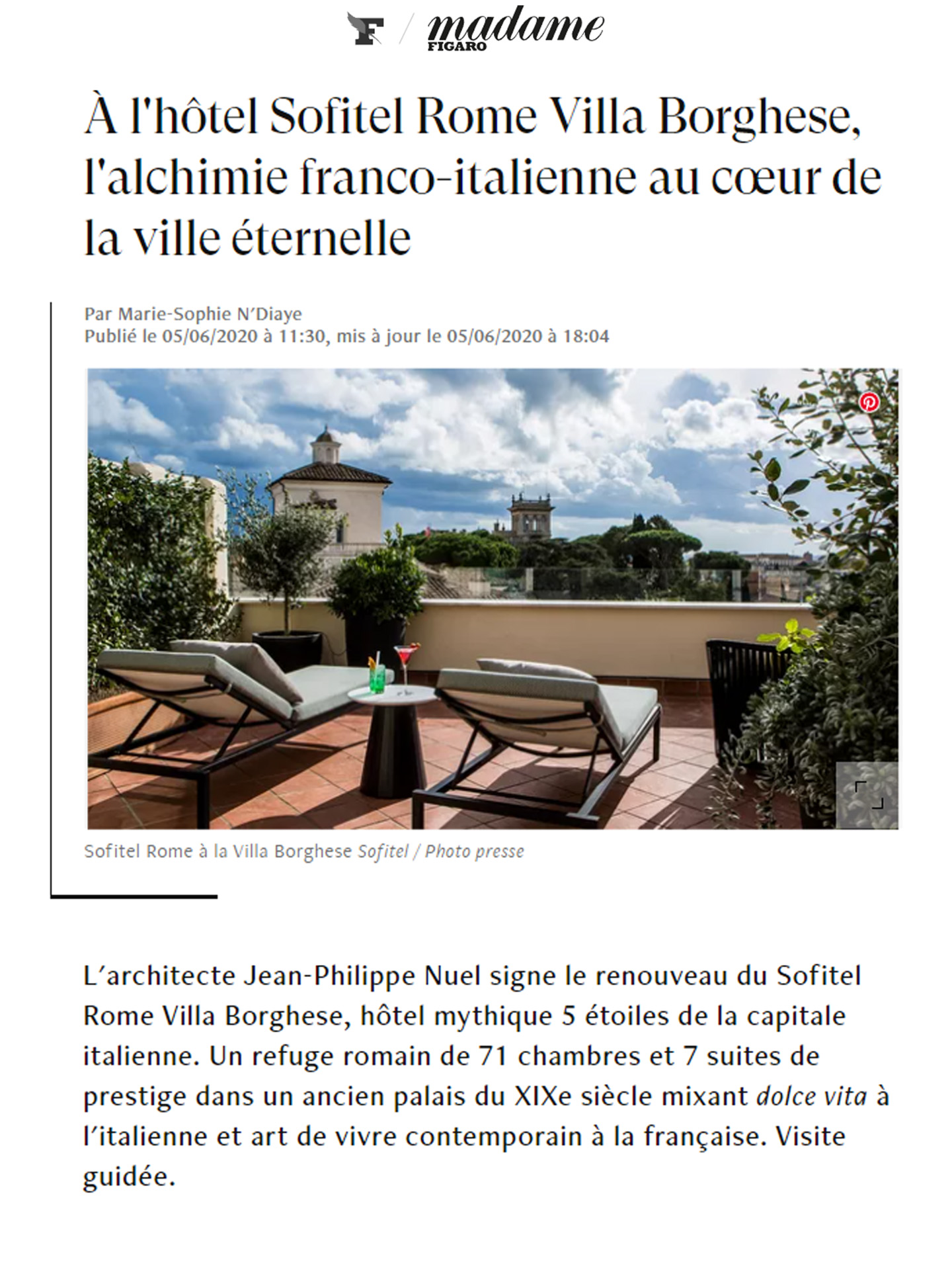 article sur le sofitel rome villa borghese, hotel de luxe au coeur de la capitale italienne réalisé par l'architecte et décorateur d'intérieur jean-philippe nuel