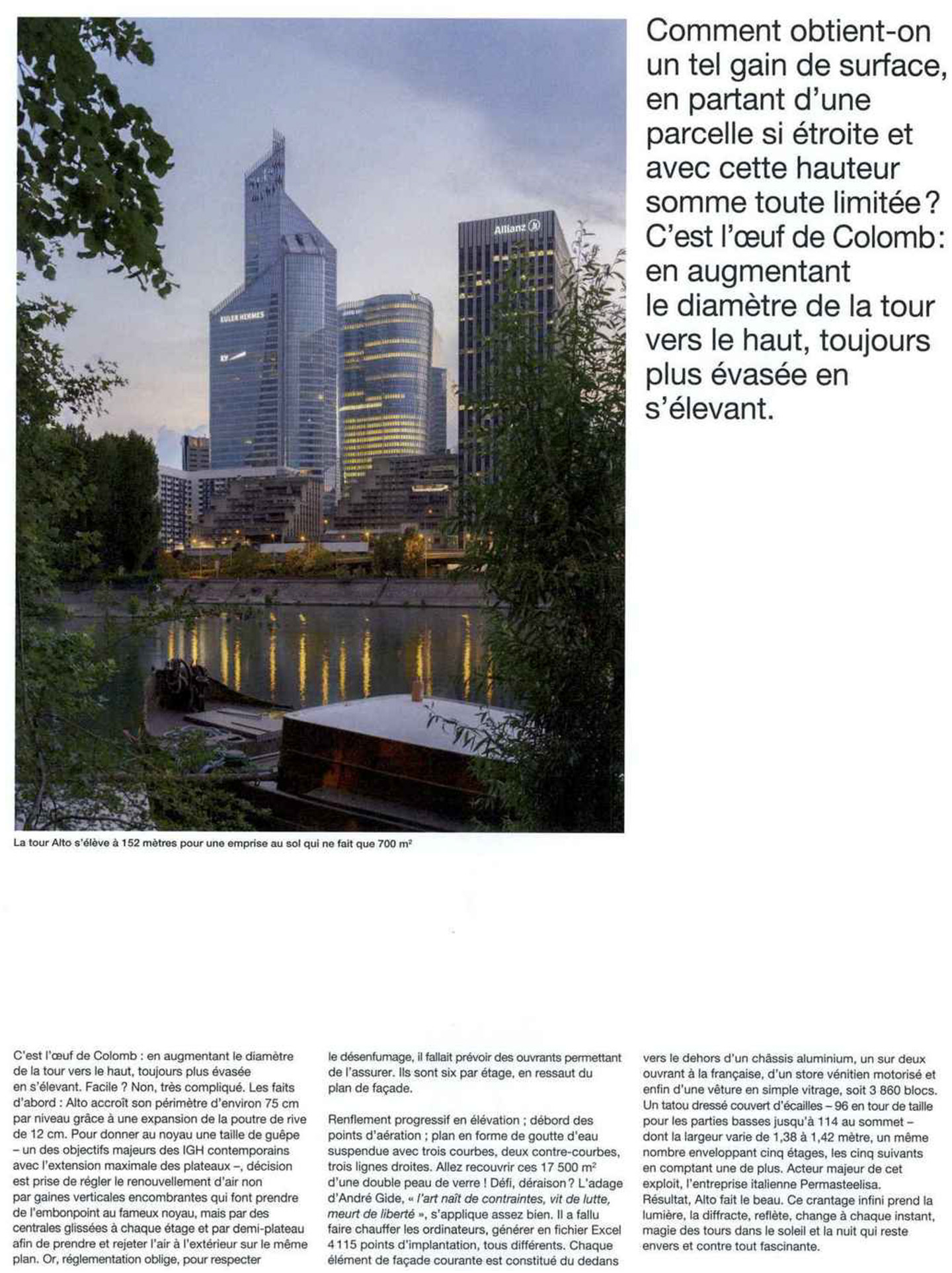 Article sur la Tour Alto La Défense dans le magazine Archicree pour le studio jean-philippe nuel, architecture d'intérieur, tertiaire, façade écailles de verre