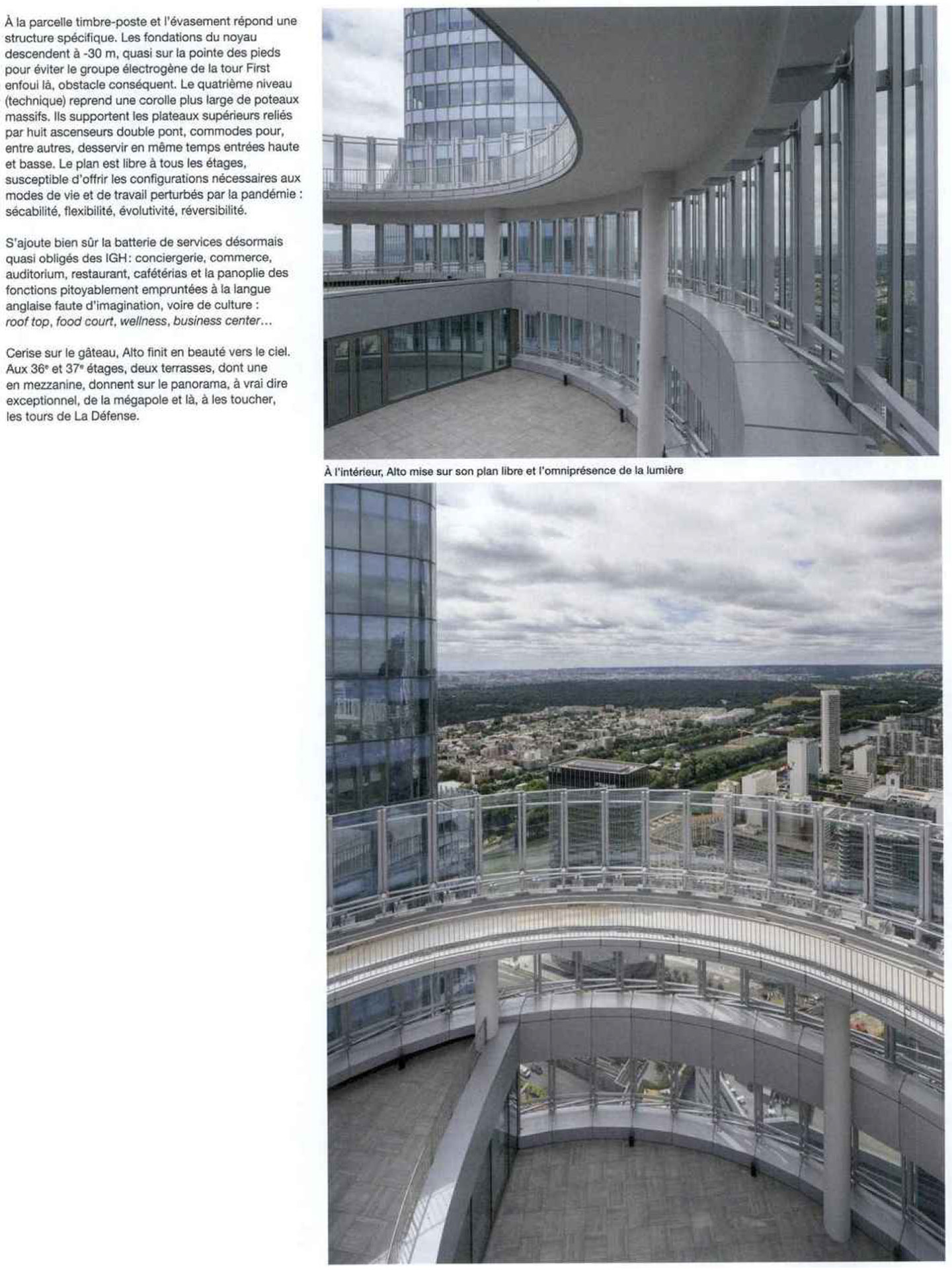 Article sur la Tour Alto La Défense dans le magazine Archicree pour le studio jean-philippe nuel, architecture d'intérieur, tertiaire, façade écailles de verre