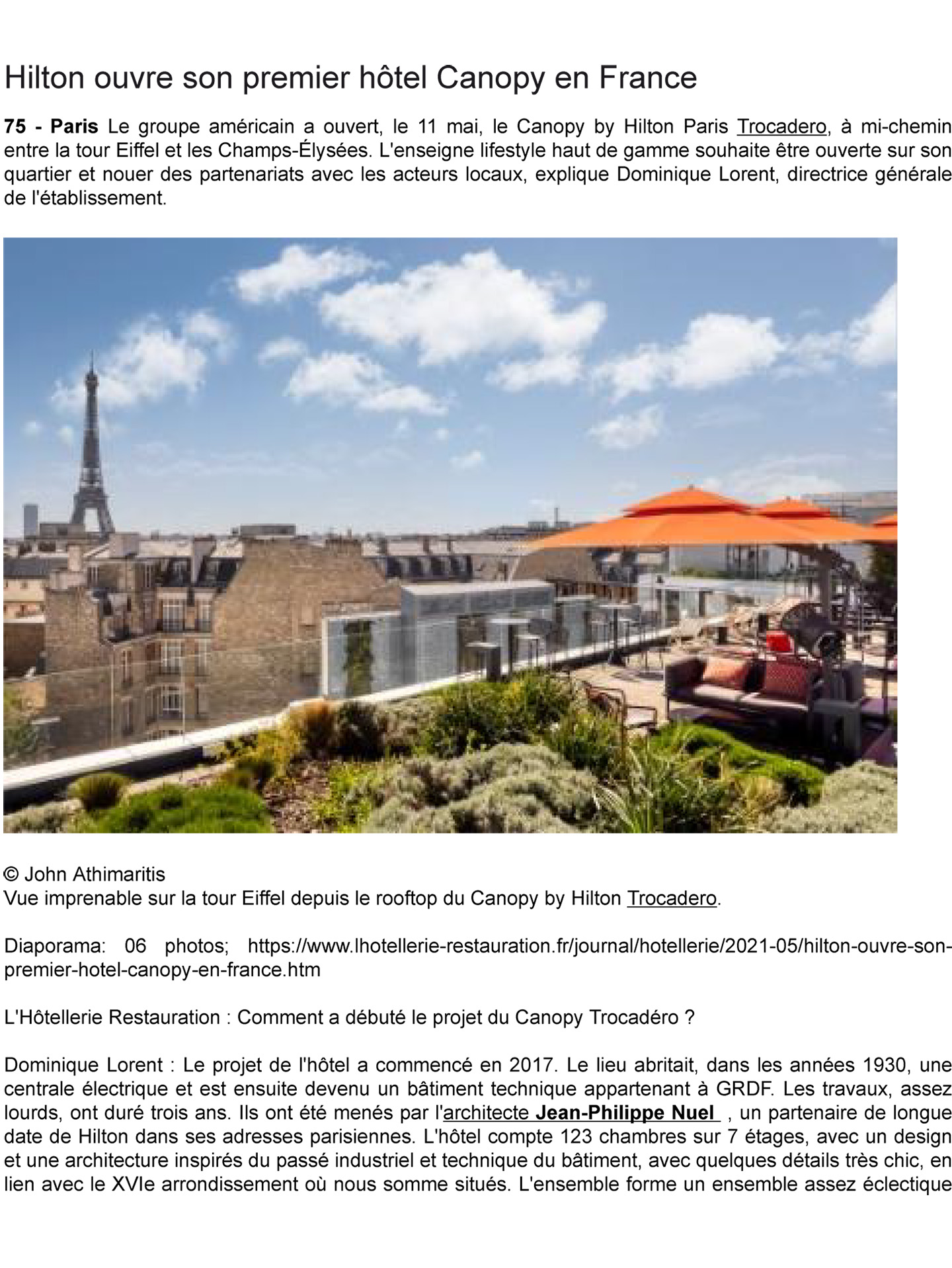 Article sur le Canopy by Hilton Paris Trocadéro réalisé par le studio jean-Philippe Nuel dans le magazine l'hotellerie restauration, nouvel hotel lifestyle, architecture d'intérieur de luxe