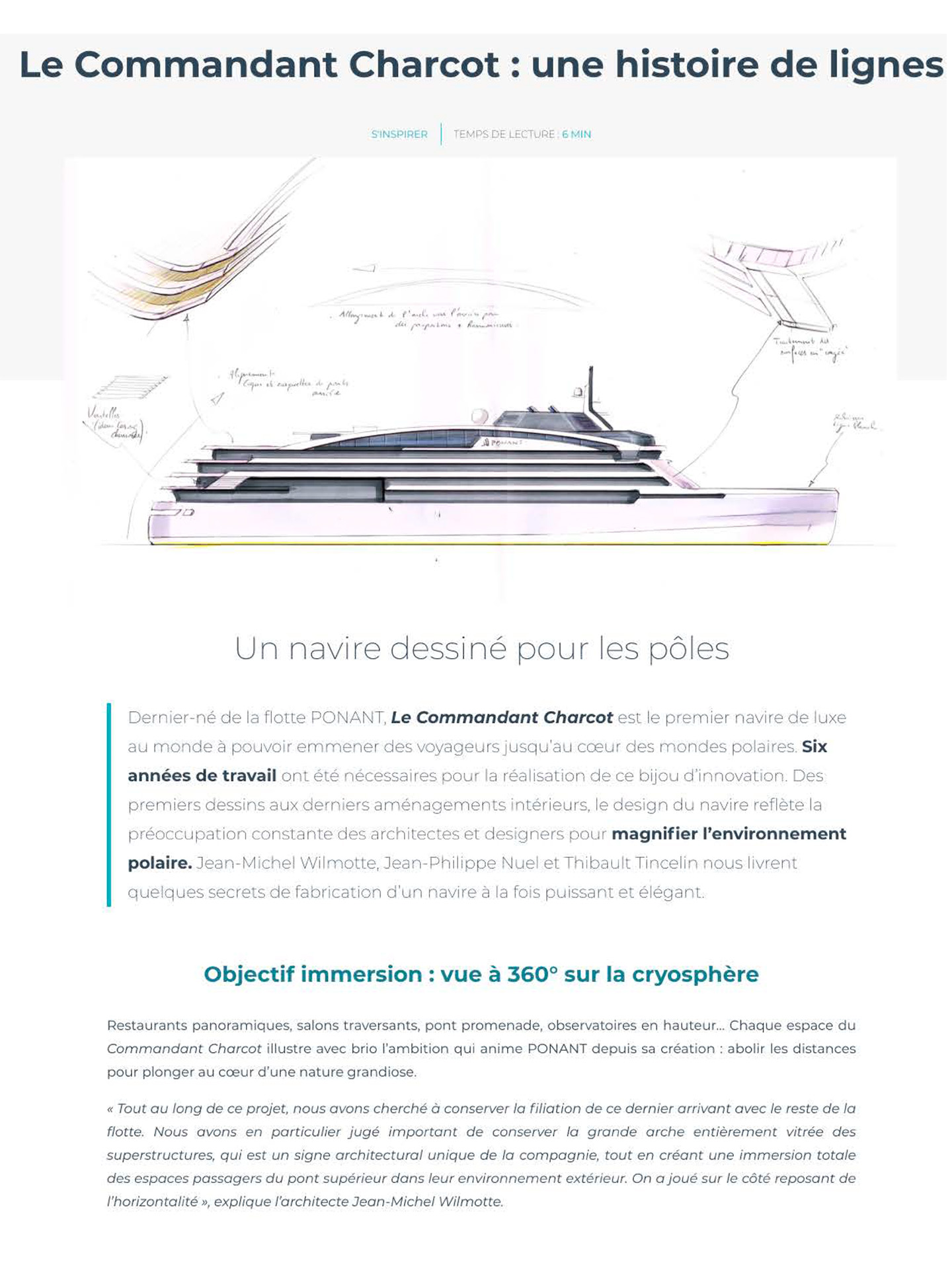 article sur le commandant charcot de ponant, architecture d'intérieur signée jean-philippe nuel, navire d'expedition polaire de luxe, croisière, bateau de luxe, décoration d'intérieur