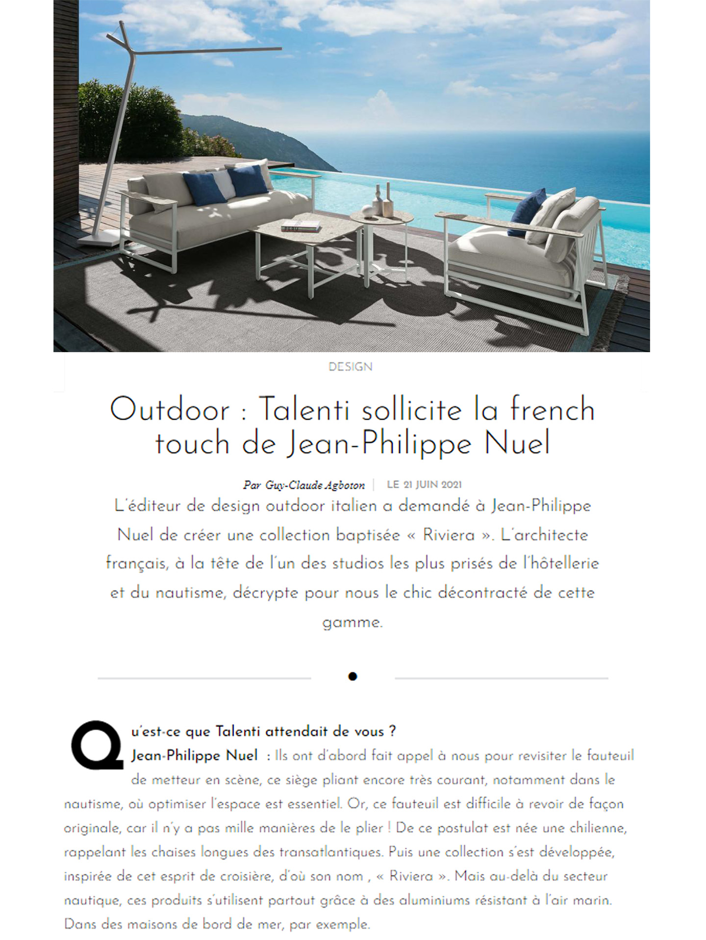 Article sur la gamme riviera pour talenti outdoor living créée par le studio jean-philippe nuel, design d'objets et de mobiliers, salon de jardin, designer français