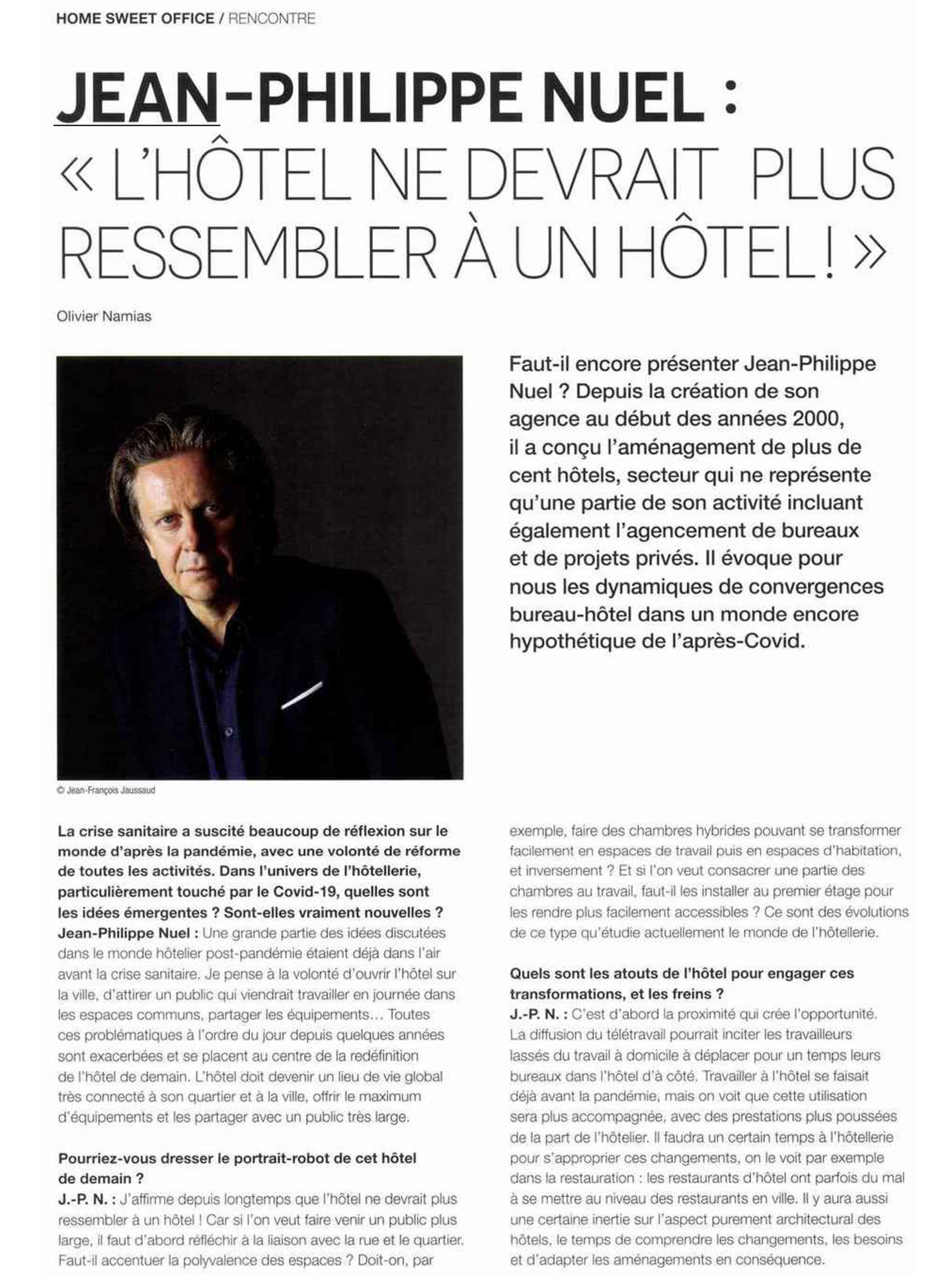 Article dans Intramuros sur l'architecte d'intérieur et designer jean-philippe nuel et sa vision de l'hotellerie de demain