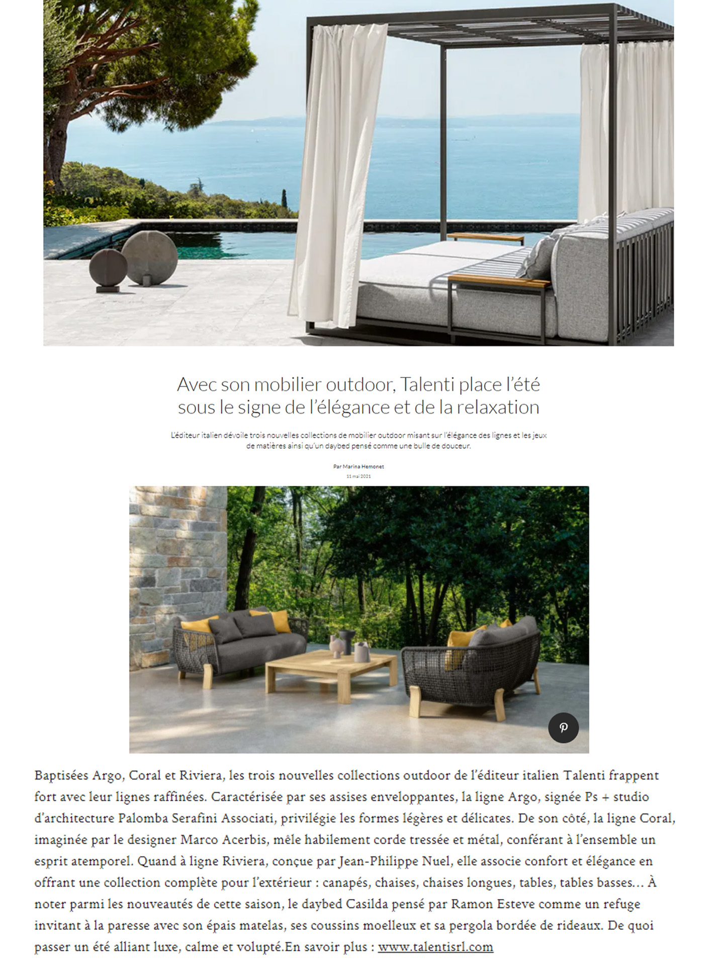 Article on the Riviera range of luxury garden furniture for talenti outdoor living created by the studio jean-philippe nuel in the magazine ad, design d'objets, french designer