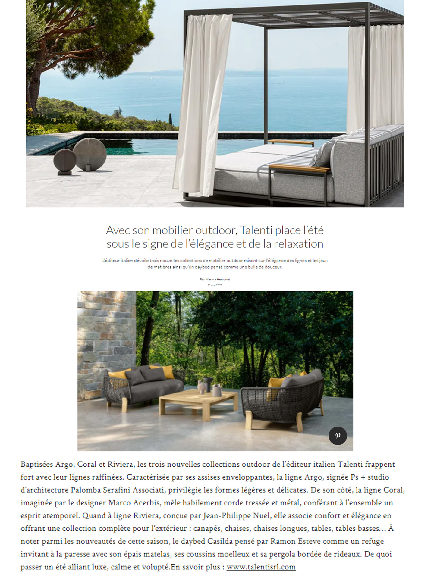 Article sur la gamme de salon de jardin de luxe Riviera pour talenti outdoor living créée par le studio jean-philippe nuel dans le magazine ad, design d'objets, designer français