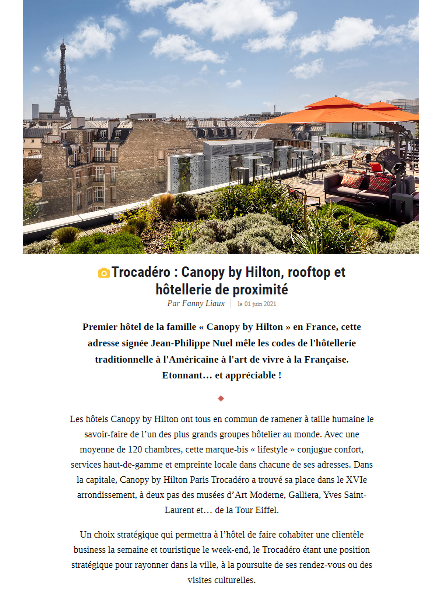 Article sur le Canopy by Hilton Paris Trocadéro réalisé par le studio jean-Philippe Nuel dans le magazine the good life, nouvel hotel lifestyle, architecture d'intérieur de luxe