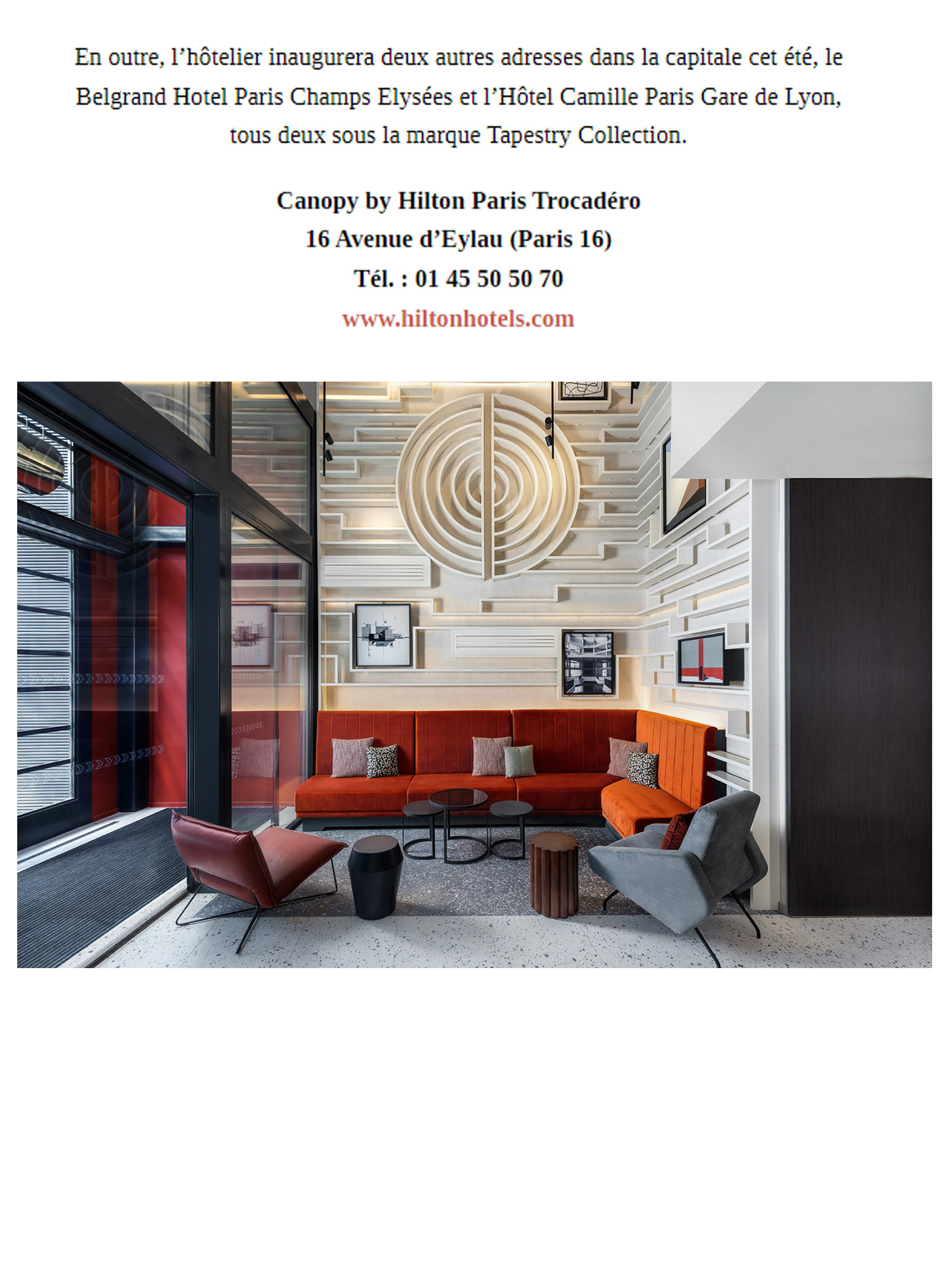 Article sur le Canopy by Hilton Paris Trocadéro réalisé par le studio jean-Philippe Nuel dans le magazine the good life, nouvel hotel lifestyle, architecture d'intérieur de luxe
