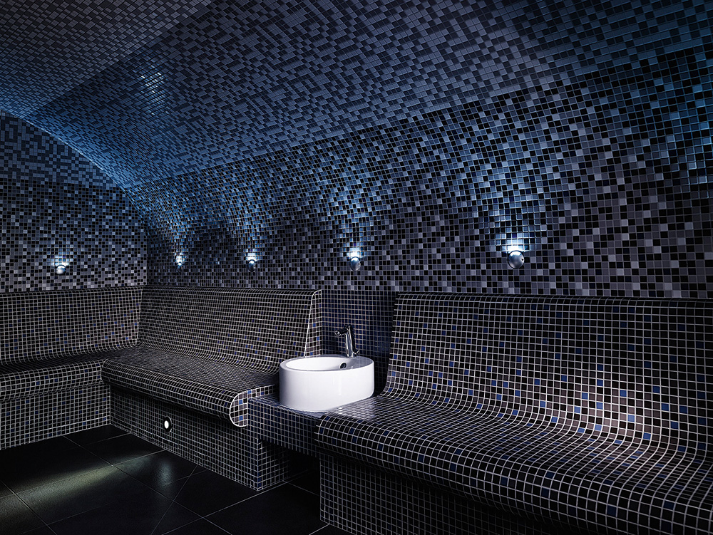 Hammam of the spa by clarins at the molitor pool in paris designed by the interior design studio jean-philippe nuel, interior design with mosaics