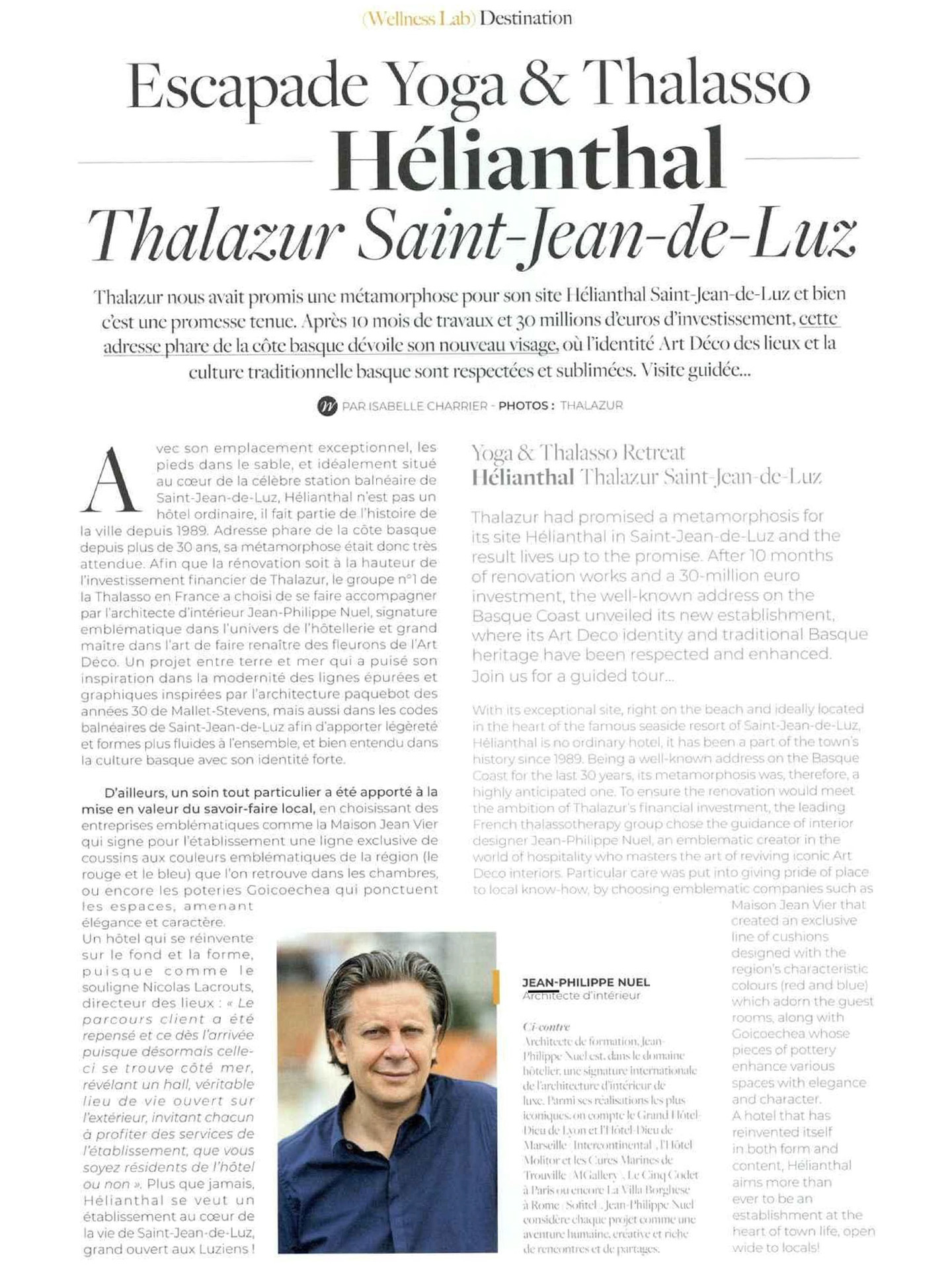 Article du magazine Sense of Wellness sur l'hôtel et spa Hélianthal Saint-Jean-de-Luz, hôtel lifestyle, Art déco, hotel de bord de mer, dans le pays basque français, culture basque