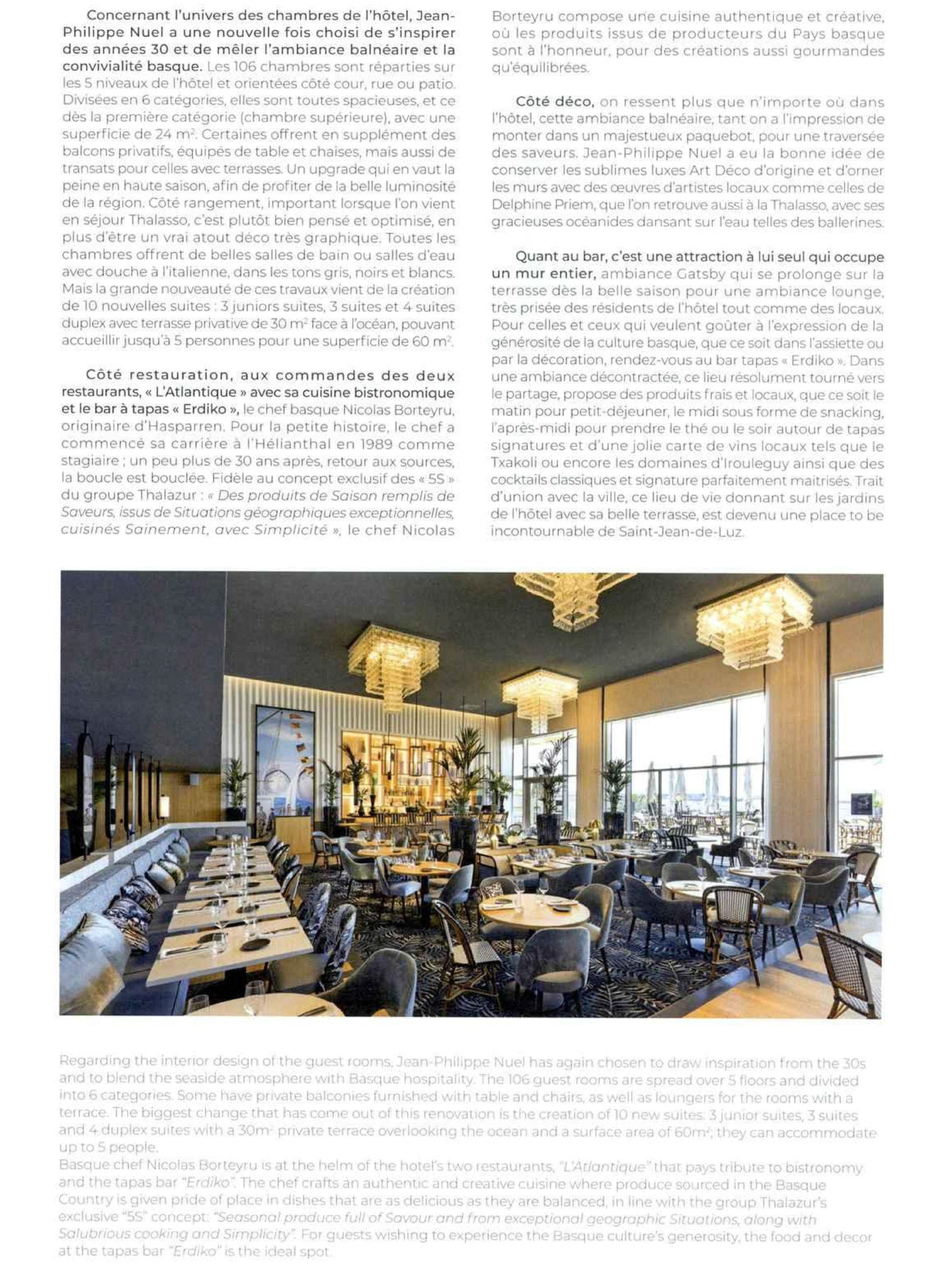 Article du magazine Sense of Wellness sur l'hôtel et spa Hélianthal Saint-Jean-de-Luz, hôtel lifestyle, Art déco, hotel de bord de mer, dans le pays basque français, culture basque