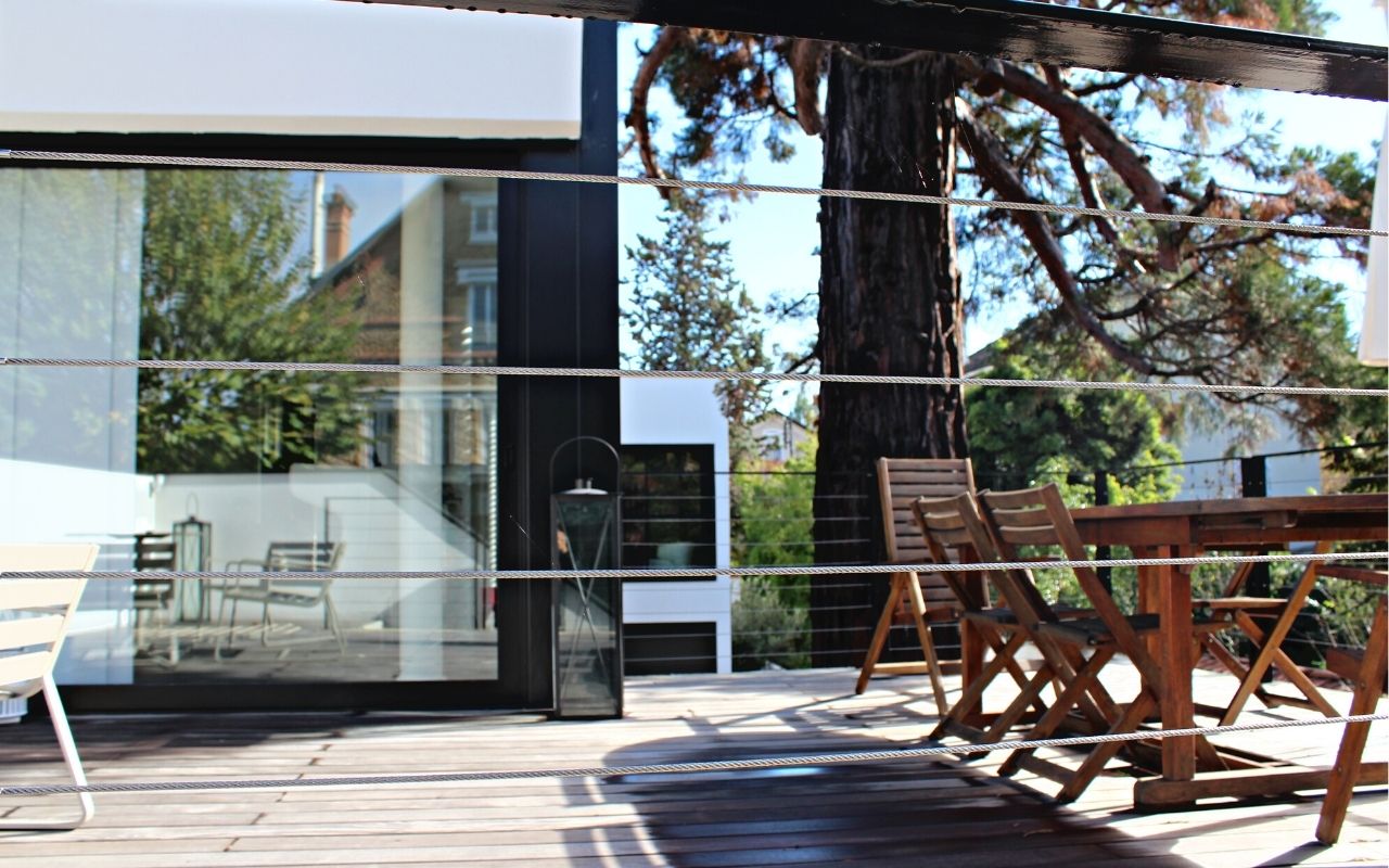 Terrace of the private villa in la Varenne, luxury private residence for individual, facade open on the garden, responsible house, studio jean-philippe nuel, decoration, interior design