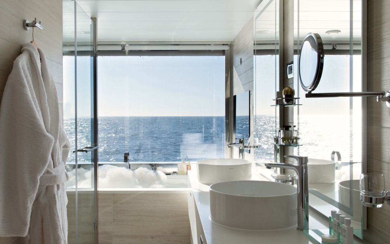 Ponant Explorers, luxury cruise ship designed by the interior design studio jean-philippe nuel, Le Bougainville, sea view bathroom, well-being