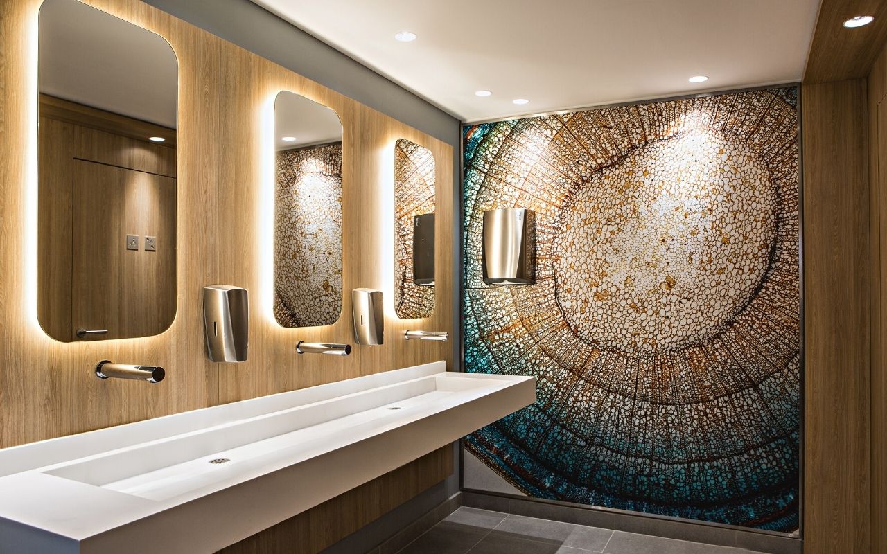 Toilets of the Danone headquarters in the Convergence building designed by the interior design studio jean-philippe nuel with artworks on the wall