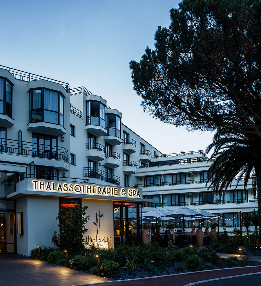 Exterior night view of the helianthal hotel and spa in Saint Jean de Luz, 4 star lifestyle hotel, seaside hotel designed by the interior design studio jean-philippe nuel, basque country