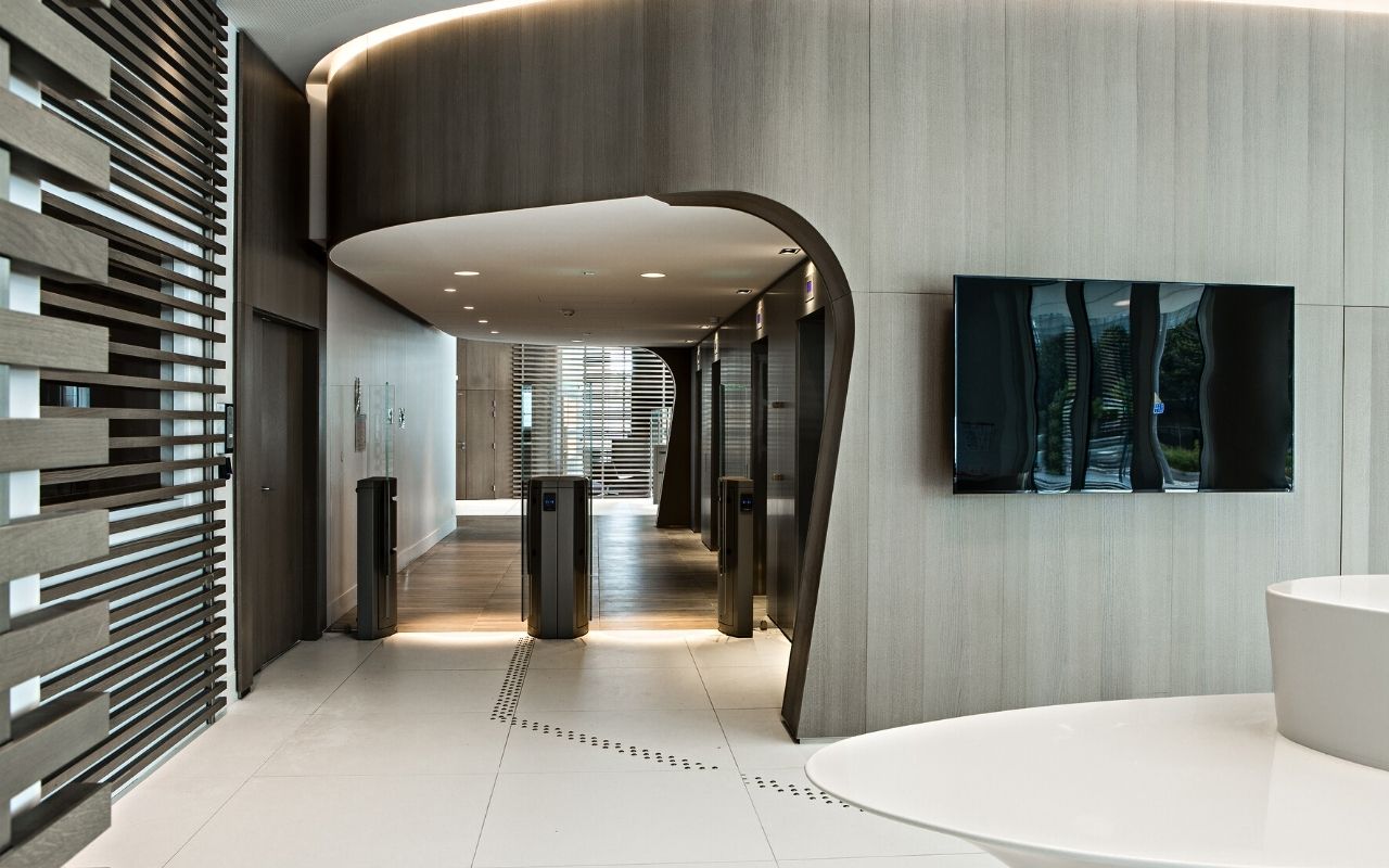 Entrance to the Boréal office building in Lyon designed by the interior design studio jean-philippe nuel