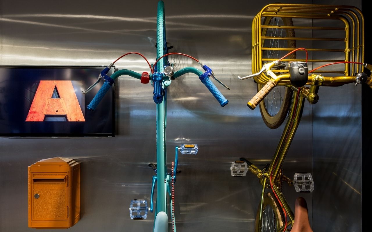 Details of decoration with a bicycle of the 4 star hotel Le Général in Paris, luxury hotel designed by the interior design studio jean-philippe nuel, industrial decoration