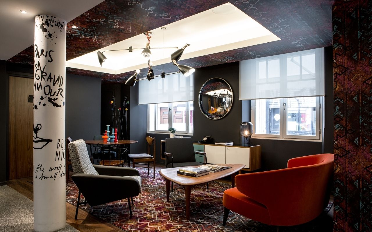 Lobby of the 4 star hotel Le Général in Paris, luxury hotel designed by the interior design studio jean-philippe nuel, industrial decoration