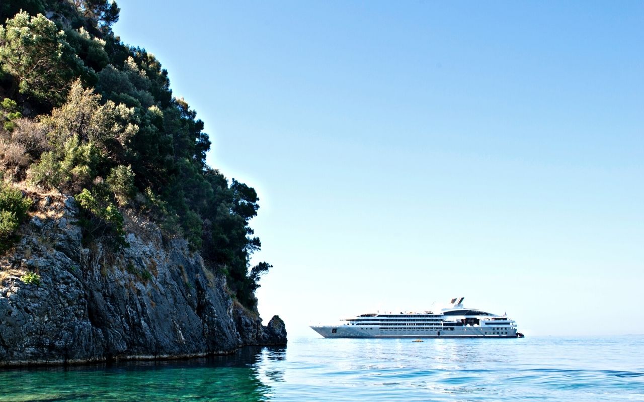 Overview of one of the luxury cruise ships sisterships of the Ponant company at sea designed by the interior design studio jean-philippe nuel