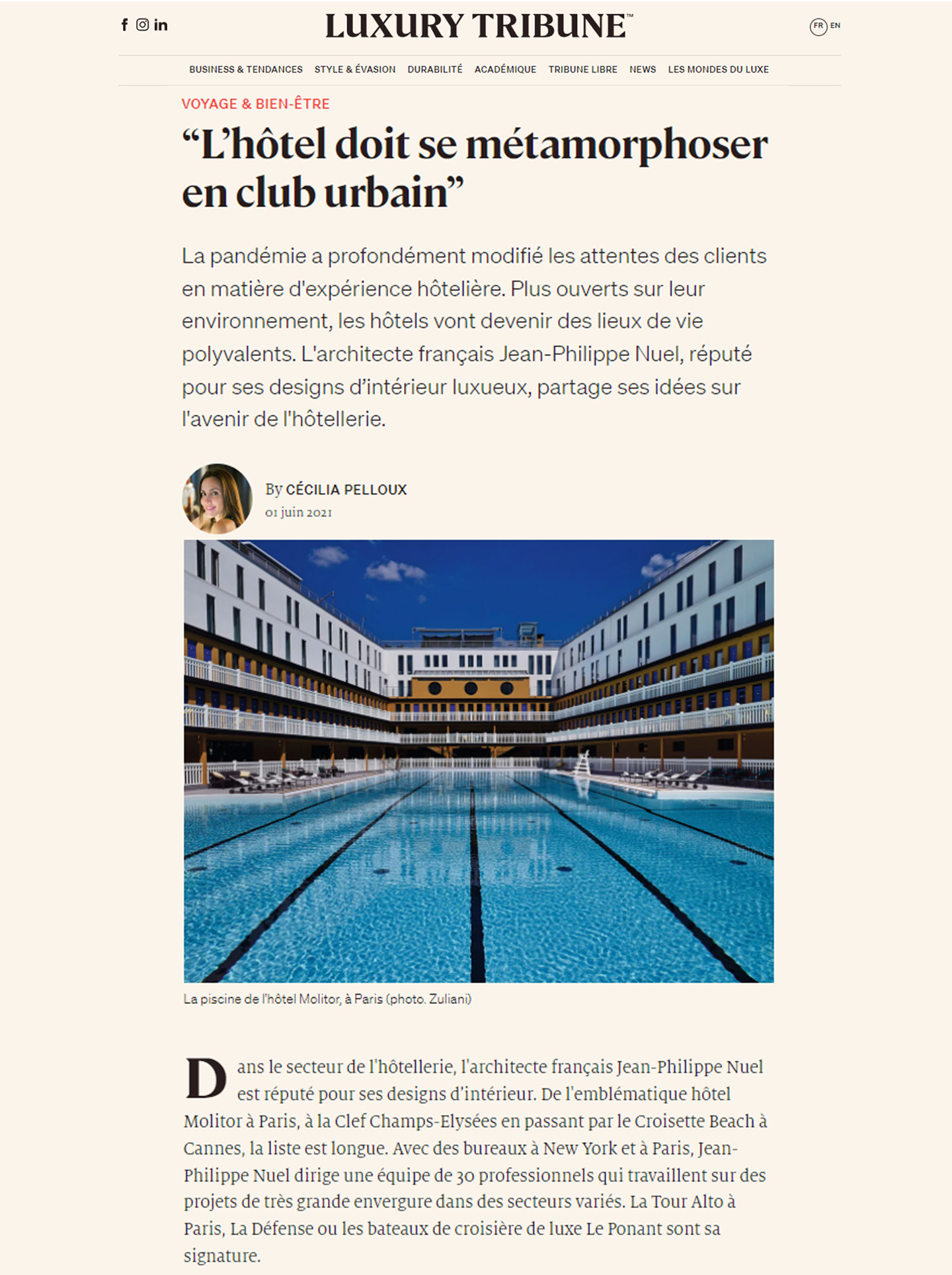 Article dans Luxury tribune sur le studio jean-philippe nuel et le futur de l'hotellerie, de l'architecture d'intérieur dans l'hotellerie de luxe