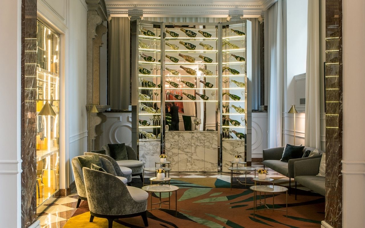 Design of the wine cellar of the Hotel Sofitel Rome Villa Borghese designed by the French interior design studio Jean-Philippe Nuel