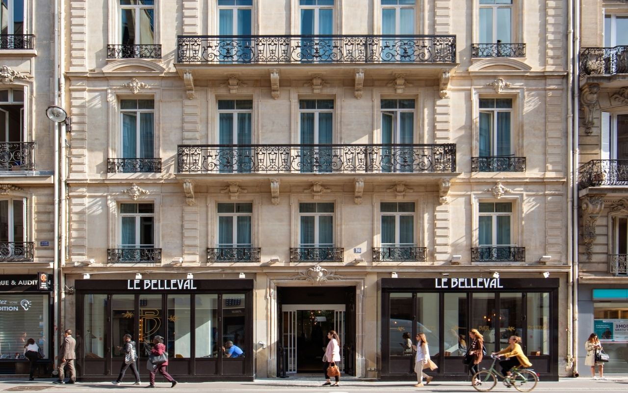 Architecture of the exterior façade of the Le Belleval hotel in Paris, a 4-star lifestyle hotel in the heart of the capital designed by the interior design studio jean-philippe nuel