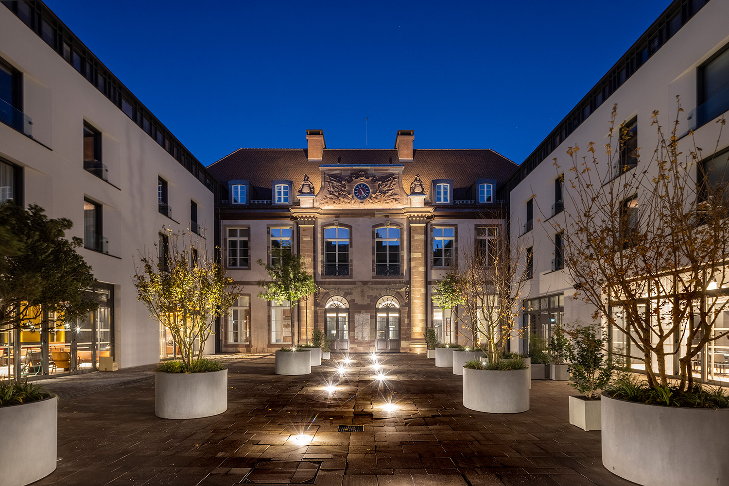 Interior courtyard of the hotel leonor strasbourg, france, luxury lifestyle hotel designed by the interior design studio jean-philippe nuel, renovation, rehabilitation, interior design, 4 star hotel
