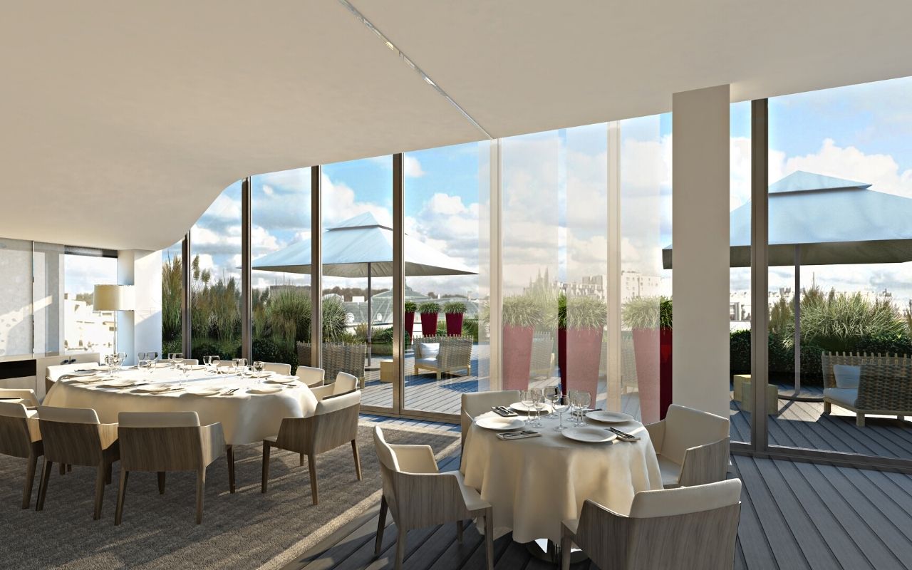 Restaurant Intérieur du siège social du groupe casino à paris, ouvert sur l'extérieur et la nature, designé par le studio d'architecture d'intérieur jean-philippe nuel