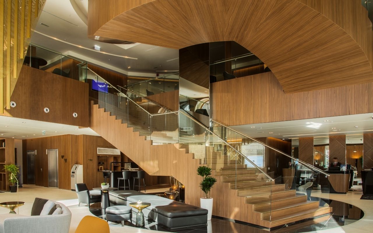 Skopje Marriott Hotel - macedonia - luxury hotel - view of the entrance - grand staircase, hotel designed by the interior design studio jean-philippe nuel