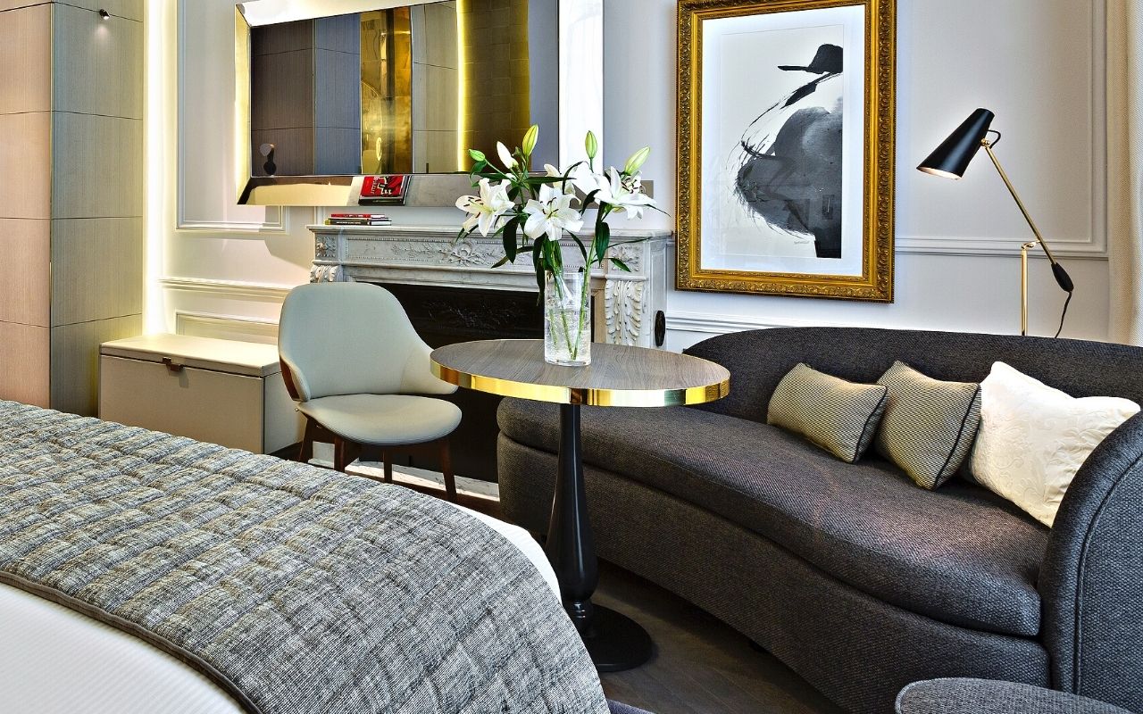 New York sofa for Pierre Frey in the luxury hotel la clef champs Elysées, interior design, interior architecture, object design, designer, furniture creation, studio jean-philippe nuel