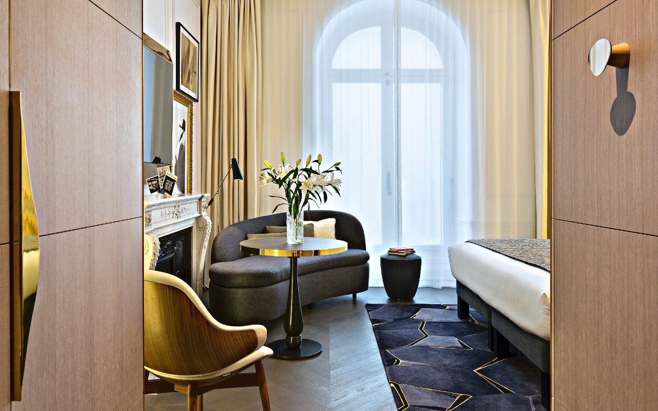 New York sofa for Pierre Frey in the luxury hotel la clef champs Elysées, interior design, interior architecture, object design, designer, furniture creation, studio jean-philippe nuel