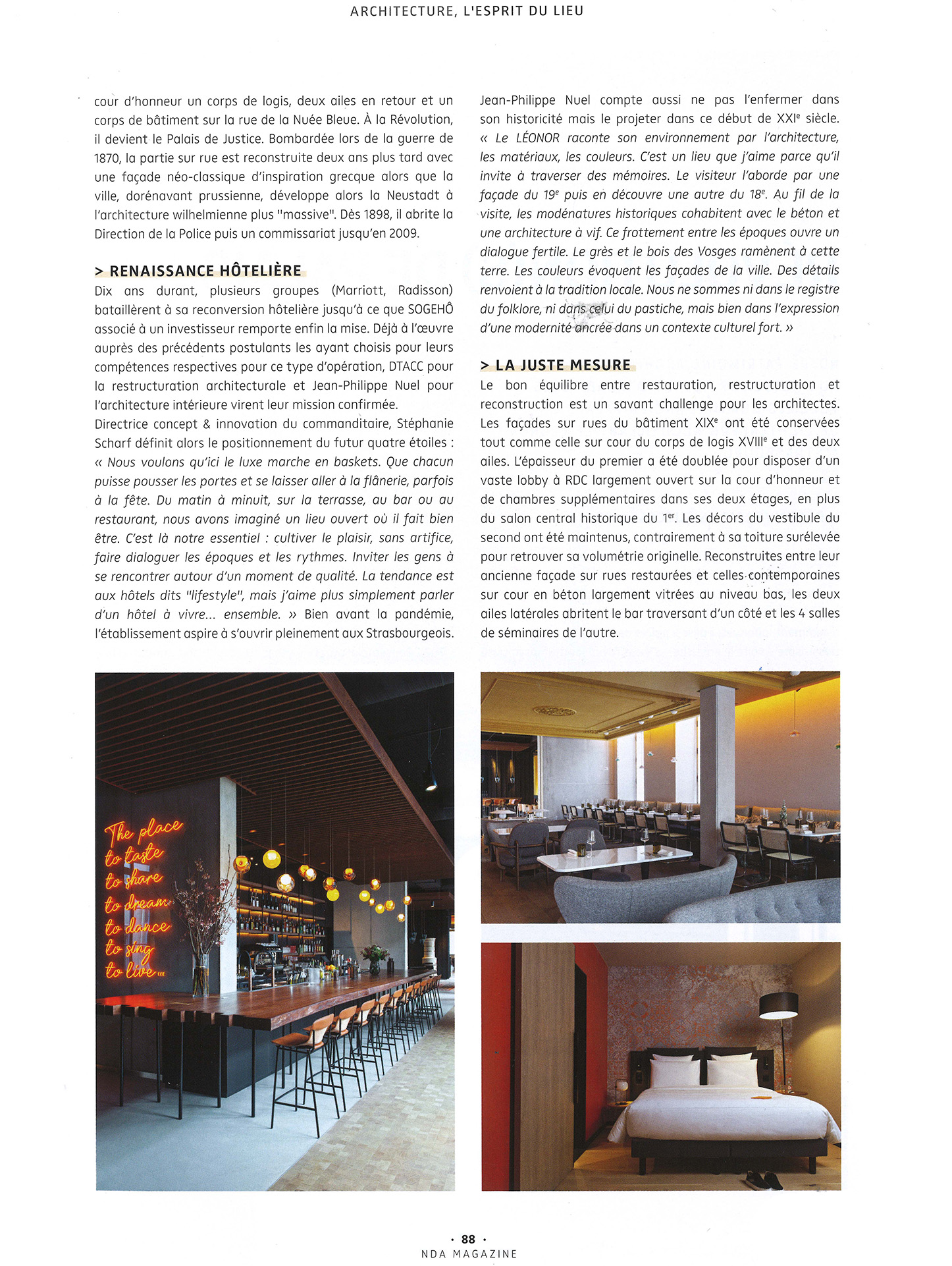 NDA Magazine article on the rehabilitation of a courthouse in Strasbourg into a luxury hotel by the studio jean-philippe nuel