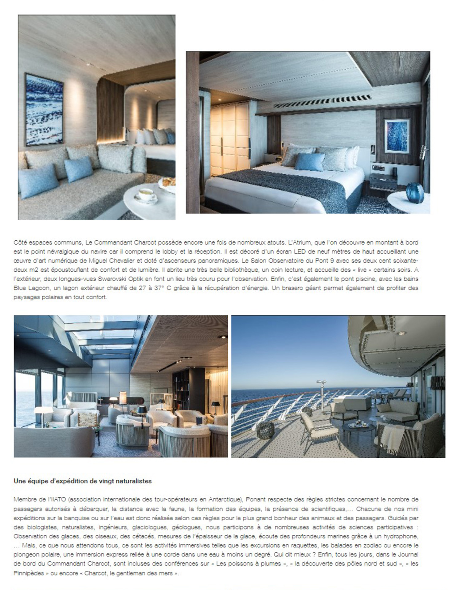 Article du webmagazine Attitude luxe sur le Commandant Charcot page 4, les chambres du bateau invitent l'ambiance polaire à bord