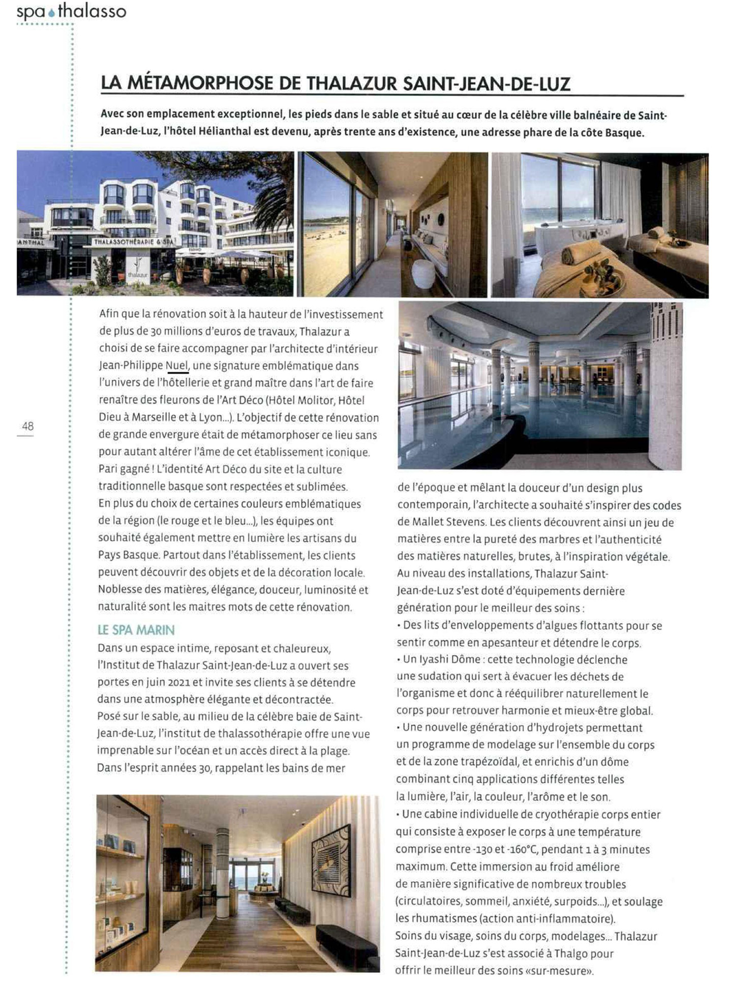 article on the hotel spa and thalasso hélianthal saint jean de luz thalazur created by the interior design studio jean-philippe nuel in the french basque country