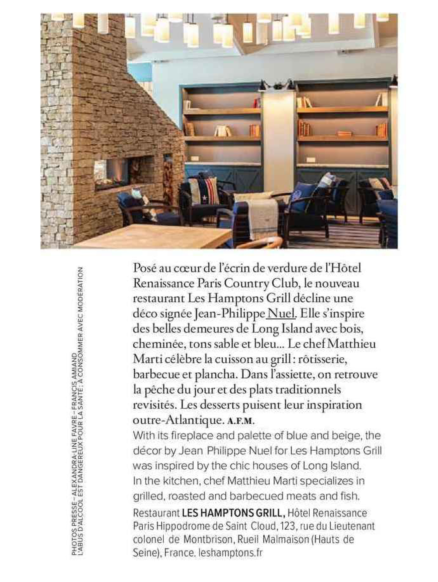Article sur le restaurant Hamptons grill réalisé par le studio jean-Philippe Nuel dans le magazine Air France madame, restaurant de luxe, architecture d'intérieur de luxe, hôtel français